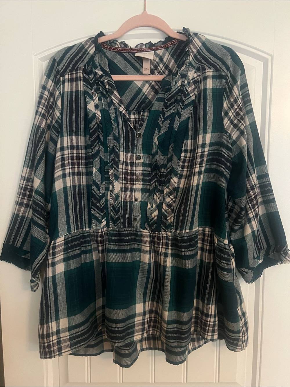 Knox Rose Dark Green and White Plaid Ruffle Peasant Top